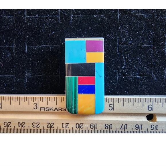 Handmade Navajo Money Clip Inlaid Real Turquoise Coral Lapis Lazuli Onyx Used